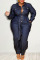 Deep Blue Casual Solid Split Joint Buckle Buttons With Belt Turndown Collar Plus Size Jumpsuits