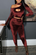Burgundy Sexy Solid Hollowed Out Split Joint Asymmetrical O Neck Long Sleeve Two Pieces