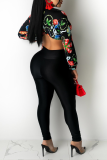 Black Sexy Print Bandage V Neck Long Sleeve Two Pieces