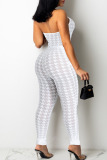 White Sexy Print Hollowed Out Patchwork See-through Backless Halter Sleeveless Two Pieces(Without Belt)