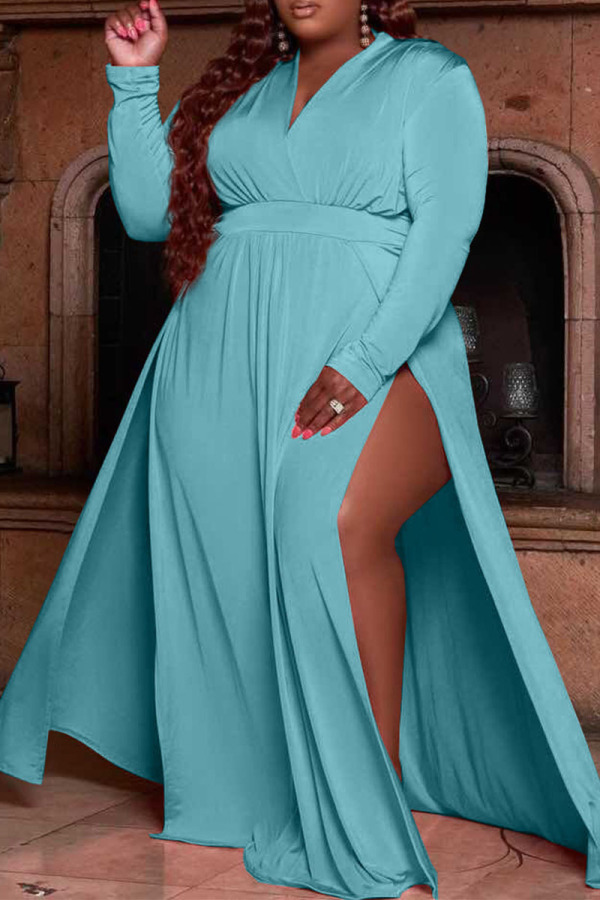 Light Blue Casual Solid Patchwork V Neck Straight Plus Size Dresses