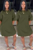 Army Green adult Sexy Fashion Cap Sleeve Half Sleeves O neck Straight Knee-Length Solid Patchwork Ca