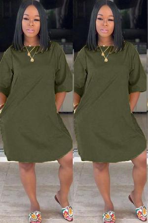 Army Green adult Sexy Fashion Cap Sleeve Half Sleeves O neck Straight Knee-Length Solid Patchwork Ca