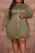 Green Casual Print Split Joint O Neck Straight Plus Size Dresses