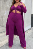 Purple Fashion Casual Solid Cardigan Vests Pants V Neck Long Sleeve Three-piece Set