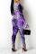 Purple Sexy Print Patchwork Halter Long Sleeve Two Pieces