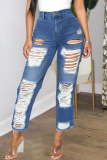 Deep Blue Fashion Casual Patchwork Leopard Ripped High Waist Regular Jeans