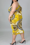 Yellow Bohemian Print Hollowed Out Patchwork Asymmetrical Oblique Collar One Step Skirt Plus Size Dresses
