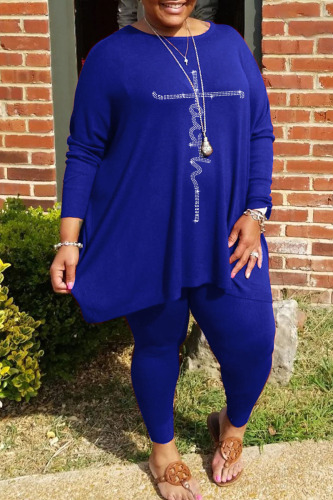 Blue Casual Solid Patchwork Hot Drill O Neck Plus Size Two Pieces