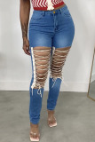 Light Blue Fashion Street Solid Ripped Plus Size Jeans