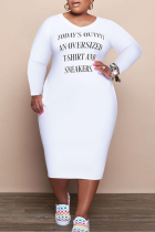 White Fashion Casual Letter Print Basic V Neck Long Sleeve Plus Size Dresses