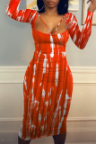 Red Sexy Patchwork Tie-dye Square Collar Pencil Skirt Dresses