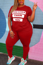 Red Fashion Plus Size Printed T-shirt Trousers Set