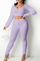 Purple Casual Solid Split Joint V Neck Long Sleeve Two Pieces