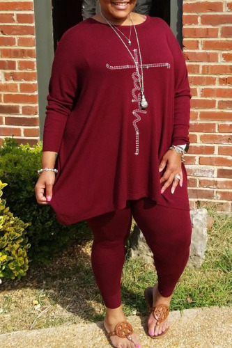 Burgundy Casual Solid Patchwork Hot Drill O Neck Plus Size Two Pieces