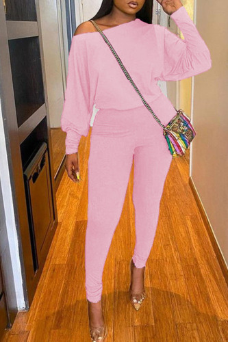 Pink Casual Solid Patchwork O Neck Long Sleeve Two Pieces