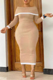 Khaki Fashion Casual Solid Patchwork Off the Shoulder Long Sleeve Plus Size Dresses