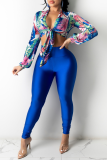 Blue Sexy Print Bandage V Neck Long Sleeve Two Pieces