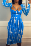 Blue Sexy Patchwork Tie-dye Square Collar Pencil Skirt Dresses
