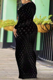 Black Fashion Sexy Solid Hollowed Out See-through V Neck Long Sleeve Plus Size Dresses