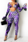 Purple Sexy Print Split Joint Halter Long Sleeve Two Pieces