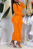 Orange Fashion Casual Solid Tassel V Neck Long Sleeve Plus Size Dresses