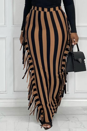 Black Brown Fashion Casual Striped Print Tassel Split Joint Regular High Waist Skirt