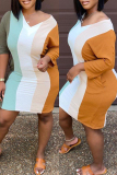 Colour Fashion Casual Striped Basic V Neck Long Sleeve Dresses pre-sale