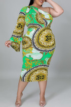 Green Bohemian Print Hollowed Out Patchwork Asymmetrical Oblique Collar One Step Skirt Plus Size Dresses