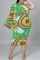 Green Bohemian Print Hollowed Out Patchwork Asymmetrical Oblique Collar One Step Skirt Plus Size Dresses