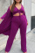 Purple Fashion Casual Solid Cardigan Vests Pants V Neck Long Sleeve Three-piece Set