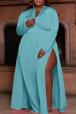 Light Blue Casual Solid Patchwork V Neck Straight Plus Size Dresses