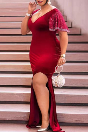 Red Fashion Sexy Plus Size Hot Drilling Slit V Neck Evening Dress