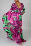 Pink Green Sexy Print Split Joint V Neck Cake Skirt Dresses