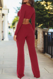 Burgundy Sexy Solid Hollowed Out Patchwork V Neck Regular Jumpsuits