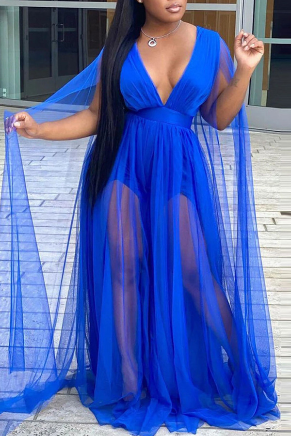 Blue Elegant Solid Patchwork See-through Slit V Neck Straight Plus Size Dresses