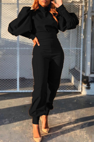 Black Fashion Casual Solid Patchwork Fold Turtleneck Long Sleeve Two Pieces