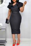Black Fashion Elegant Solid Patchwork V Neck Pencil Skirt Dresses