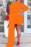 Orange Sexy Casual Solid Patchwork Asymmetrical Half A Turtleneck Long Sleeve Plus Size Dresses