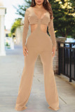 Khaki Sexy Solid Hollowed Out Patchwork V Neck Regular Jumpsuits