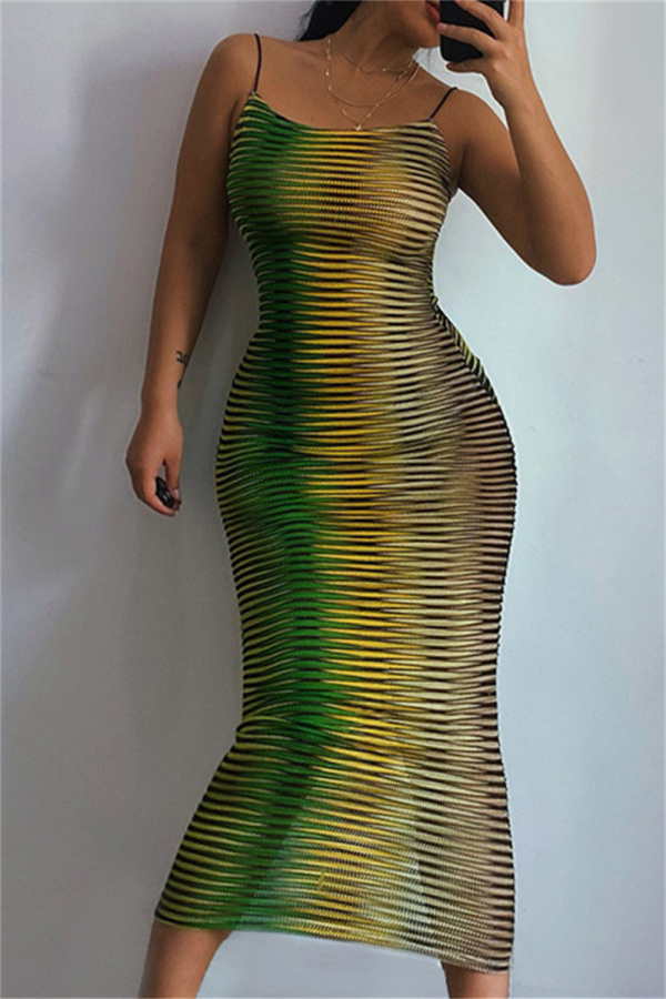 Green Fashion Sexy Print See-through Backless Spaghetti Strap Long Dress Dresses