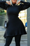 Black Casual Solid Patchwork Half A Turtleneck Cake Skirt Dresses