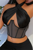 Black Fashion Sexy Patchwork Bandage Backless Halter Tops
