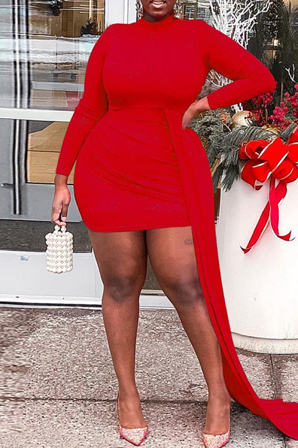 Red Sexy Casual Solid Patchwork Asymmetrical Half A Turtleneck Long Sleeve Plus Size Dresses