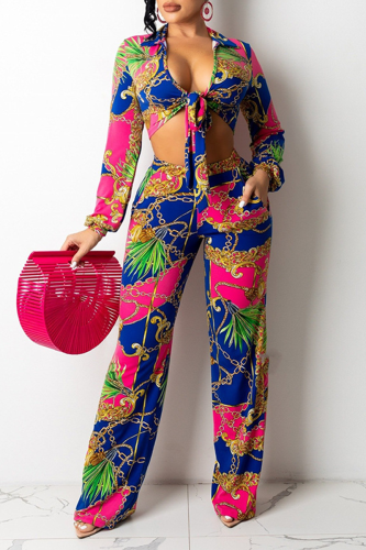 Rose Red Sexy Print Patchwork V Neck Long Sleeve Two Pieces