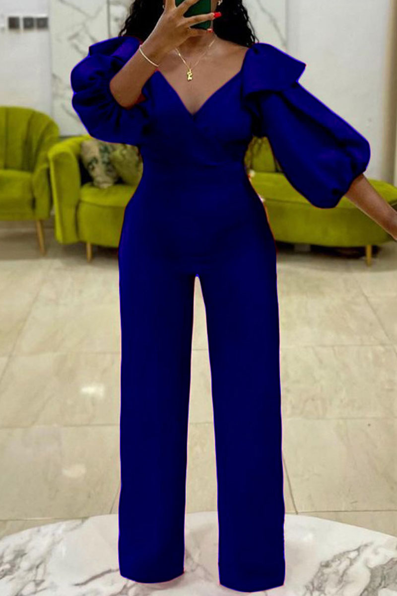 

Blue Elegant Solid Split Joint Flounce V Neck Straight Jumpsuits