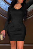 Black Fashion Casual Solid Fold O Neck Long Sleeve Dresses