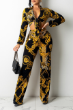 Black Sexy Print Patchwork V Neck Long Sleeve Two Pieces