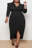 Black Sexy Solid Fold V Neck Asymmetrical Plus Size Dresses