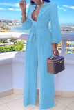 Baby Blue Casual Solid Patchwork Turndown Collar Straight Jumpsuits